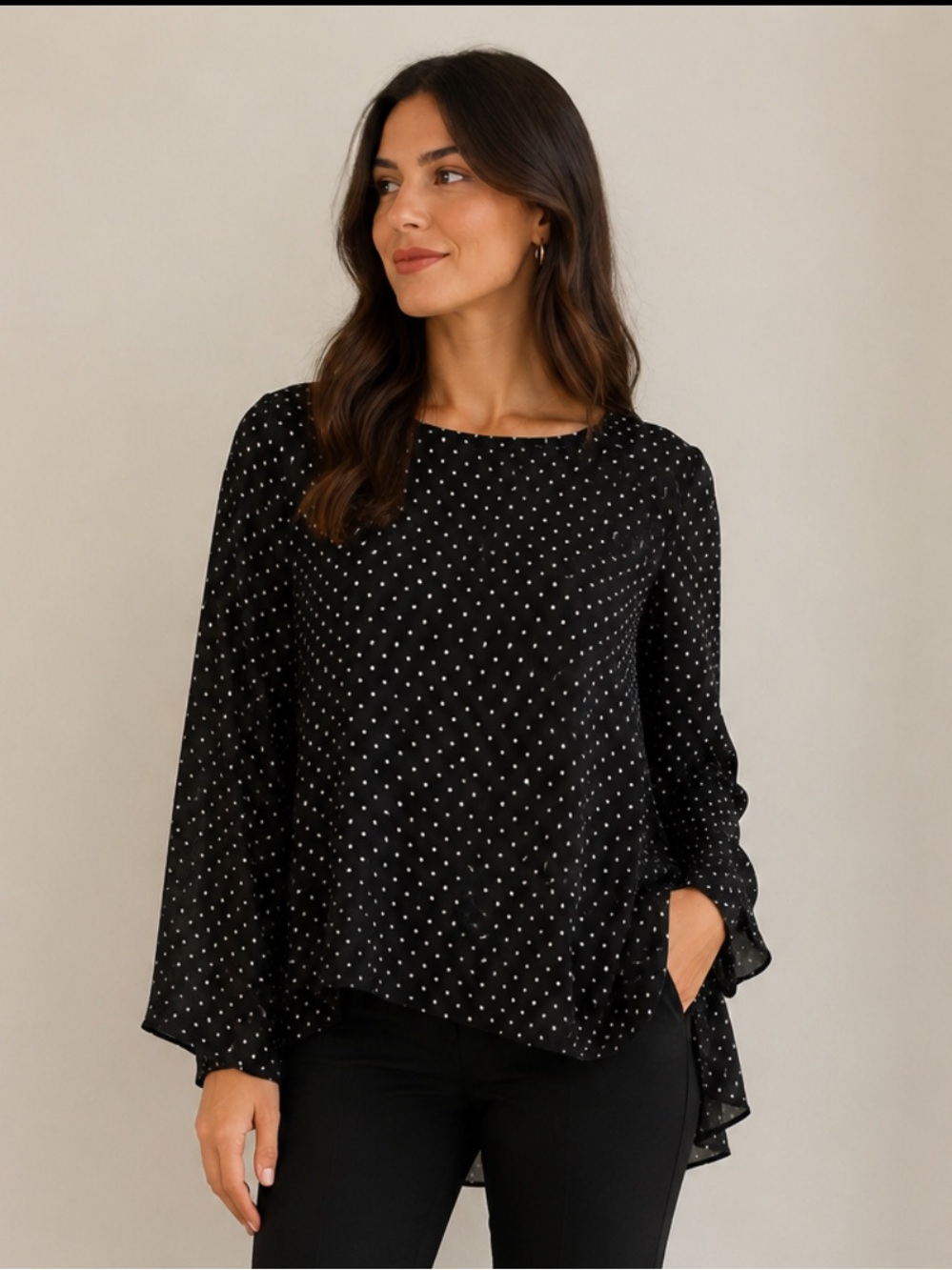 Vince Camuto Black White Polka Dot Hi-Low Blouse Size L
